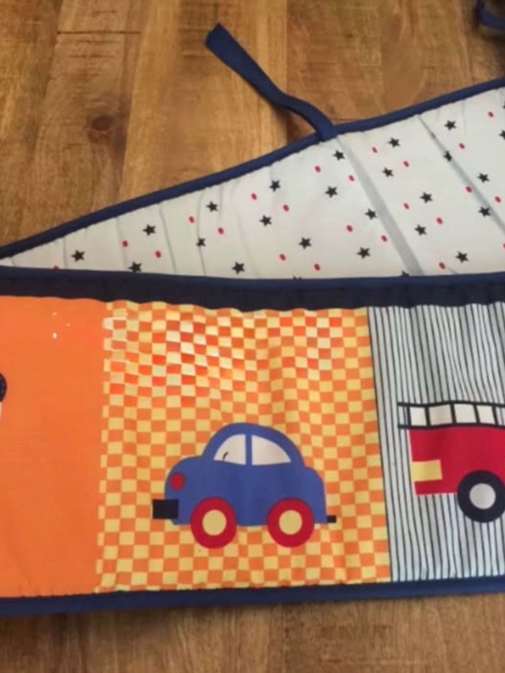 Blue and Orange Kids Cotton Crib Bumper - Star and Vehicle Print